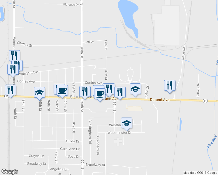 map of restaurants, bars, coffee shops, grocery stores, and more near 2929 87th St in Sturtevant