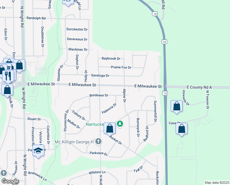 map of restaurants, bars, coffee shops, grocery stores, and more near 4257 Bordeaux Drive in Janesville