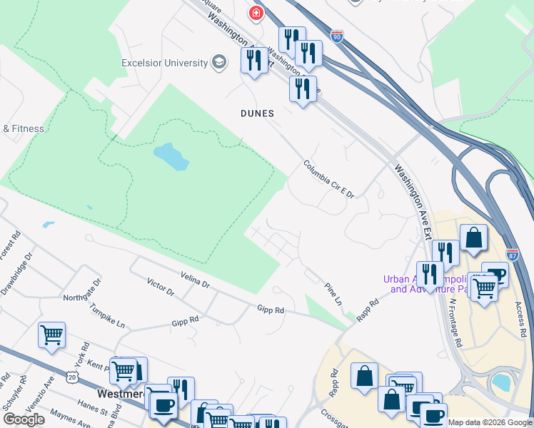 map of restaurants, bars, coffee shops, grocery stores, and more near 40 Pine Ln in Albany