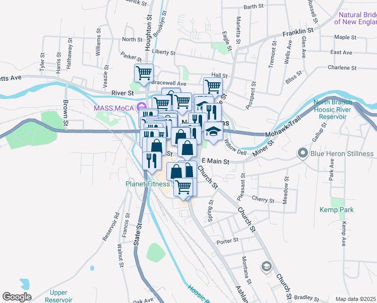 map of restaurants, bars, coffee shops, grocery stores, and more near 9 Eagle Street in North Adams