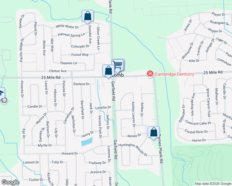 map of restaurants, bars, coffee shops, grocery stores, and more near 54800 Garfield Road in Macomb
