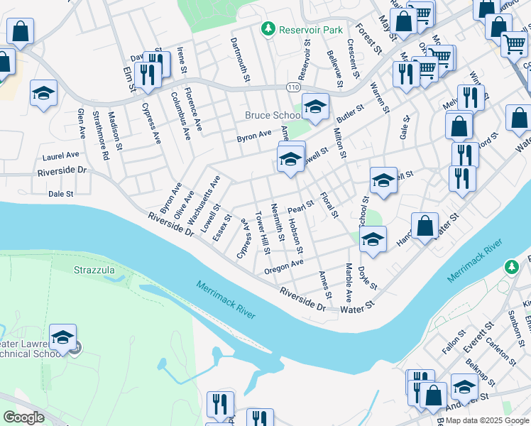 map of restaurants, bars, coffee shops, grocery stores, and more near 61 Pearl Street in Lawrence