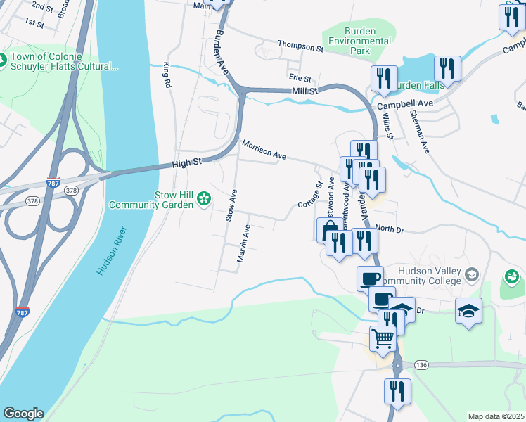 map of restaurants, bars, coffee shops, grocery stores, and more near 43 Cottage Street in Troy