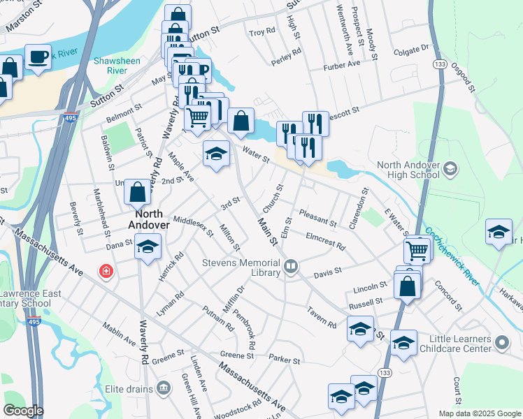 map of restaurants, bars, coffee shops, grocery stores, and more near 244 Main Street in North Andover