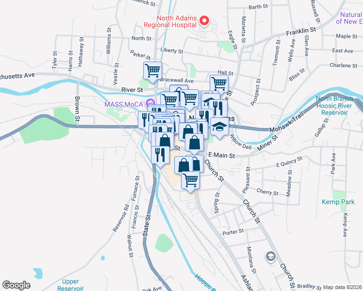 map of restaurants, bars, coffee shops, grocery stores, and more near 87 Main Street in North Adams