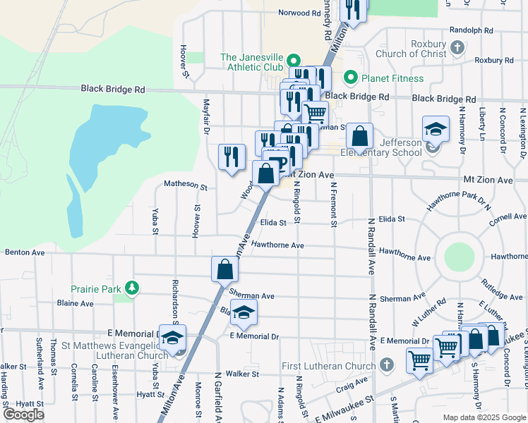 map of restaurants, bars, coffee shops, grocery stores, and more near 1204 Milton Avenue in Janesville