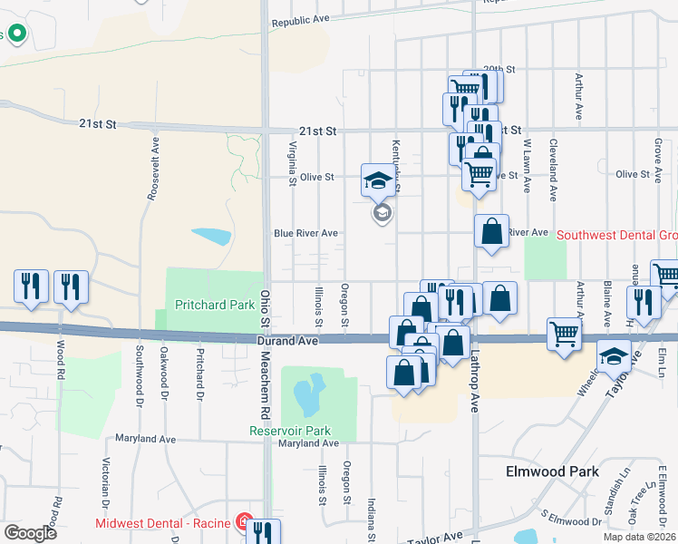 map of restaurants, bars, coffee shops, grocery stores, and more near 2626 Oregon Street in Racine