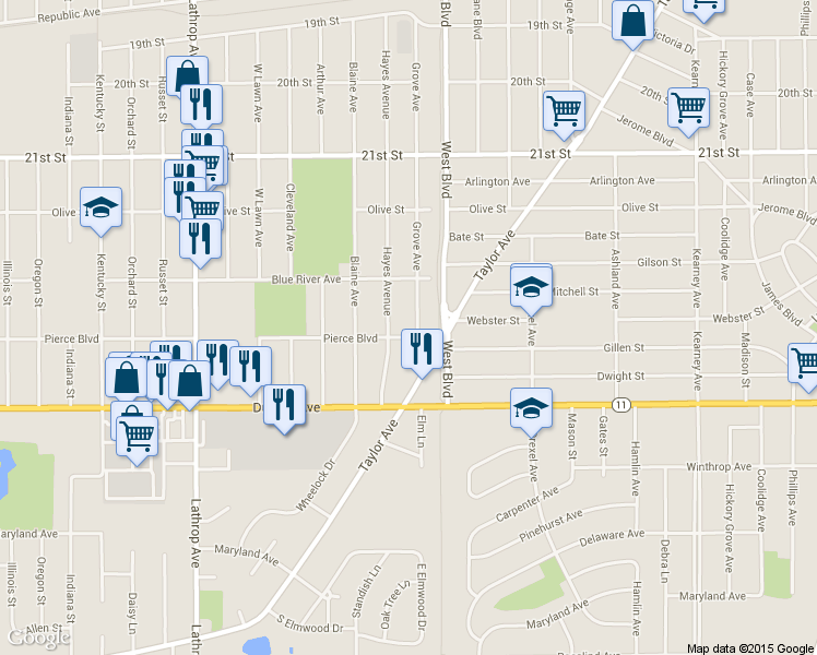 map of restaurants, bars, coffee shops, grocery stores, and more near 3206 Pierce Blvd in Racine