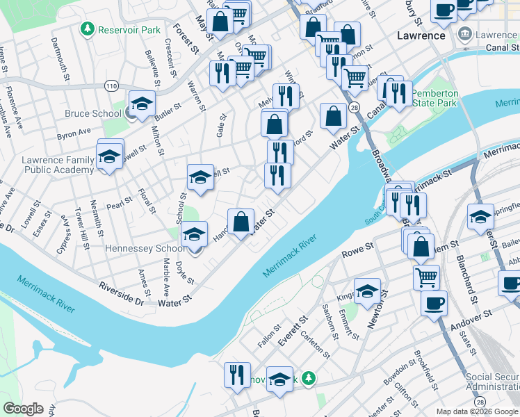 map of restaurants, bars, coffee shops, grocery stores, and more near 205 Water Street in Lawrence