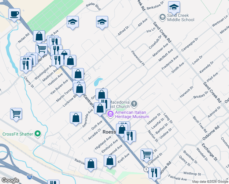 map of restaurants, bars, coffee shops, grocery stores, and more near 9 Maplewood Court in Albany