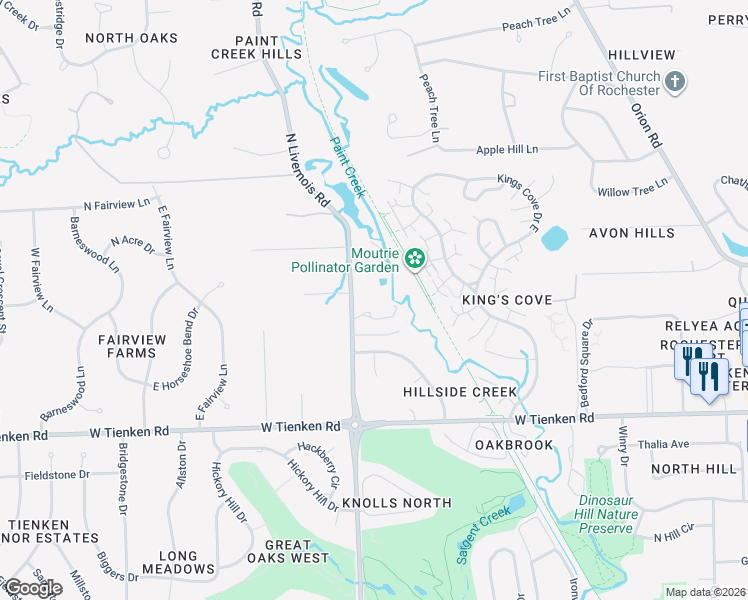 map of restaurants, bars, coffee shops, grocery stores, and more near 1200 North Livernois Road in Rochester Hills