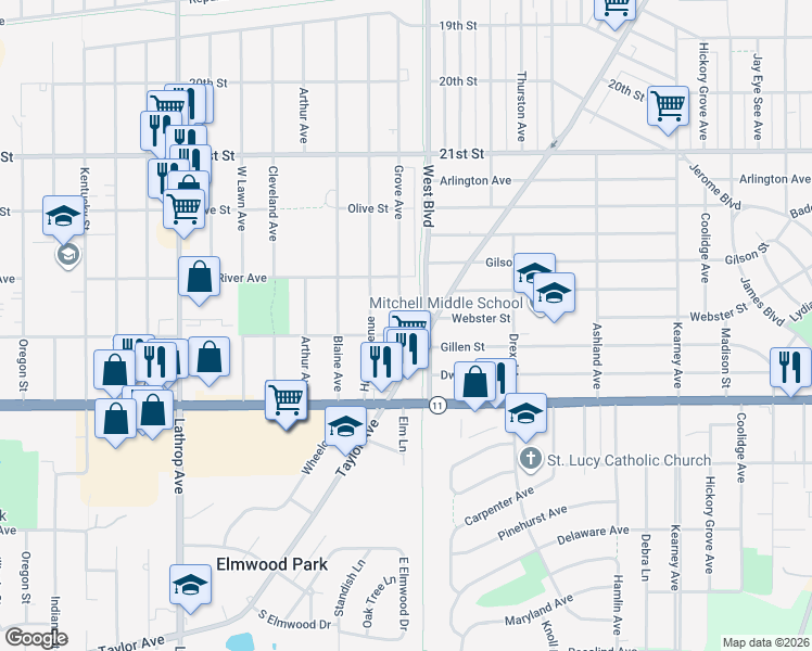 map of restaurants, bars, coffee shops, grocery stores, and more near 3206 Pierce Boulevard in Racine