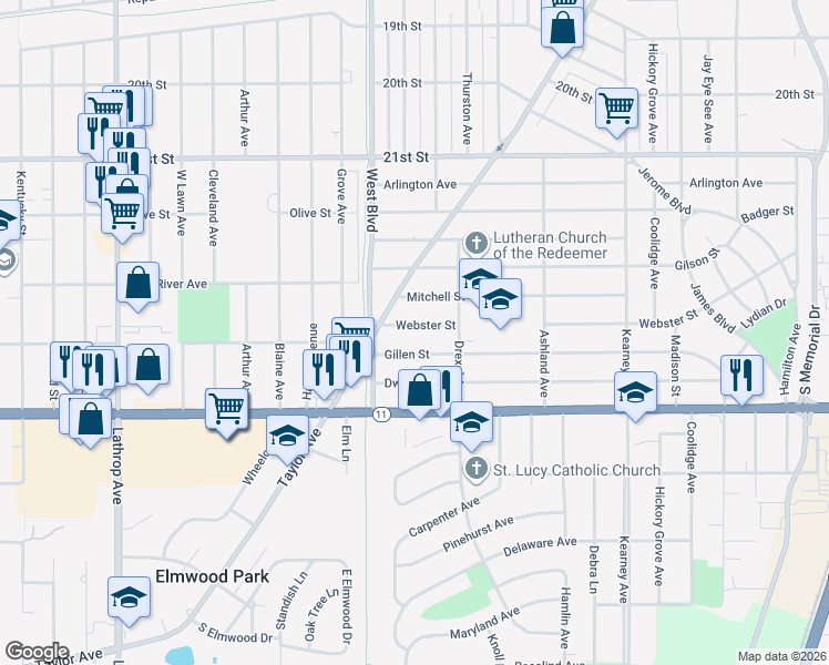 map of restaurants, bars, coffee shops, grocery stores, and more near 2915 Webster Street in Racine