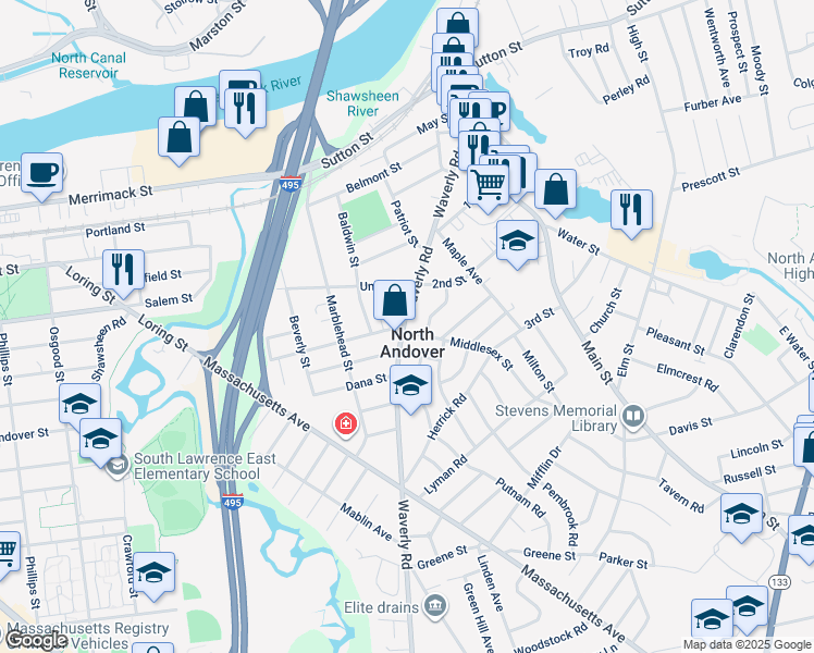 map of restaurants, bars, coffee shops, grocery stores, and more near 209 Middlesex Street in North Andover