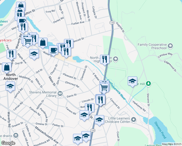 map of restaurants, bars, coffee shops, grocery stores, and more near 41 Clarendon Street in North Andover