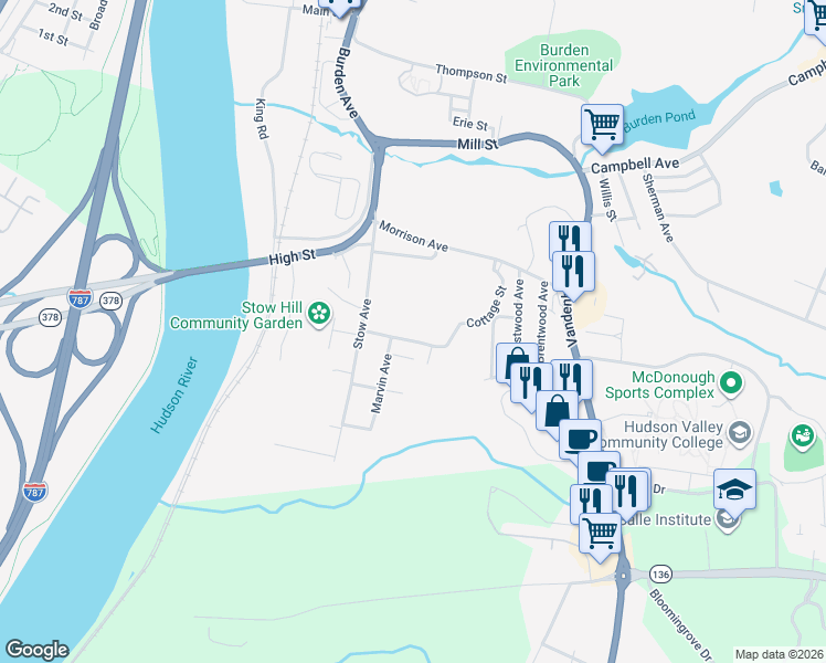 map of restaurants, bars, coffee shops, grocery stores, and more near 43 Cottage Street in Troy
