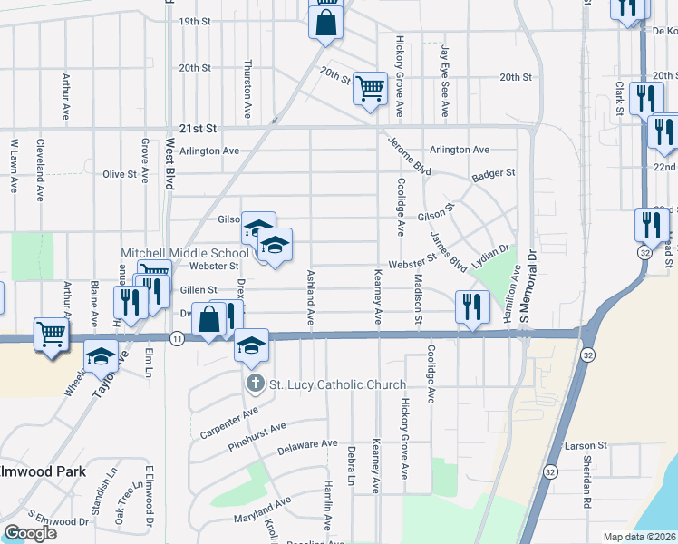 map of restaurants, bars, coffee shops, grocery stores, and more near 2412 Gillen Street in Racine