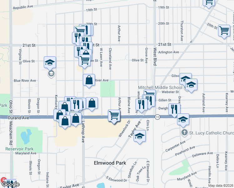 map of restaurants, bars, coffee shops, grocery stores, and more near 3523 Pierce Boulevard in Racine