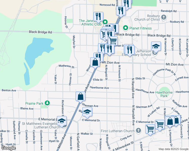 map of restaurants, bars, coffee shops, grocery stores, and more near 1204 Milton Avenue in Janesville