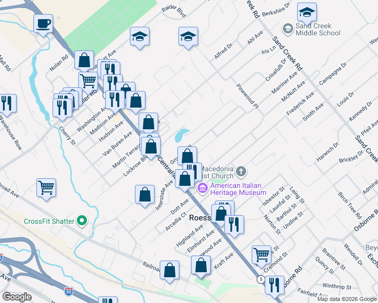 map of restaurants, bars, coffee shops, grocery stores, and more near 7 Grounds Place in Albany