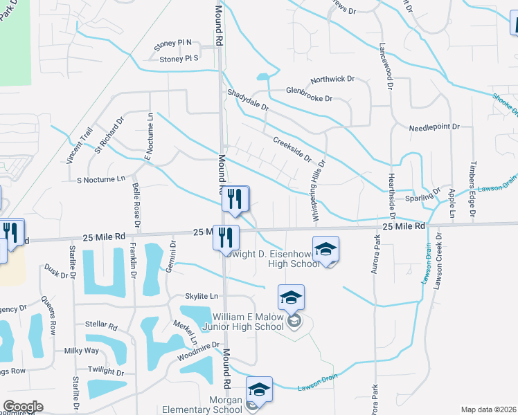 map of restaurants, bars, coffee shops, grocery stores, and more near 6201 25 Mile Road in Macomb County