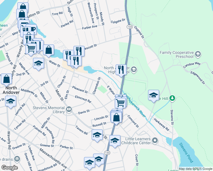 map of restaurants, bars, coffee shops, grocery stores, and more near 41 Clarendon Street in North Andover