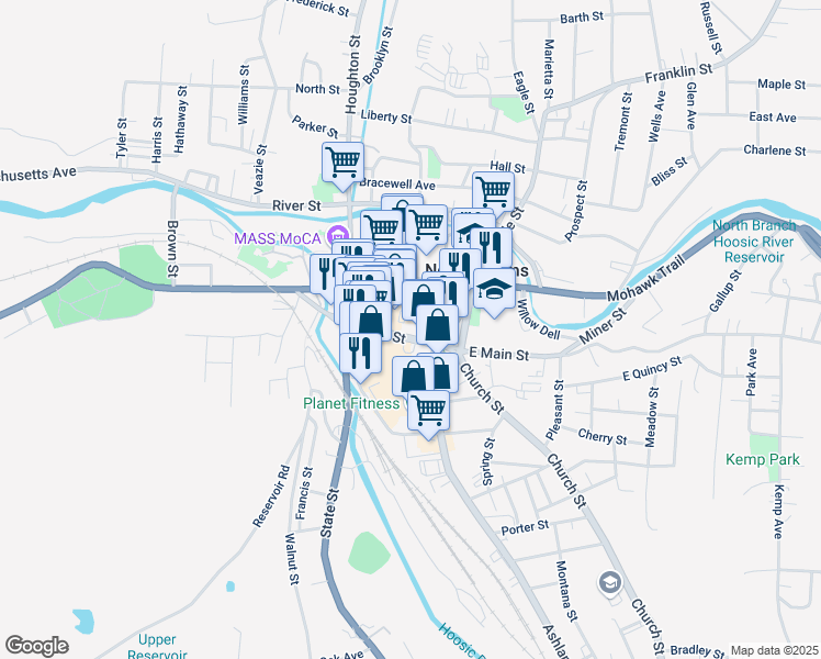 map of restaurants, bars, coffee shops, grocery stores, and more near 85 Main Street in North Adams