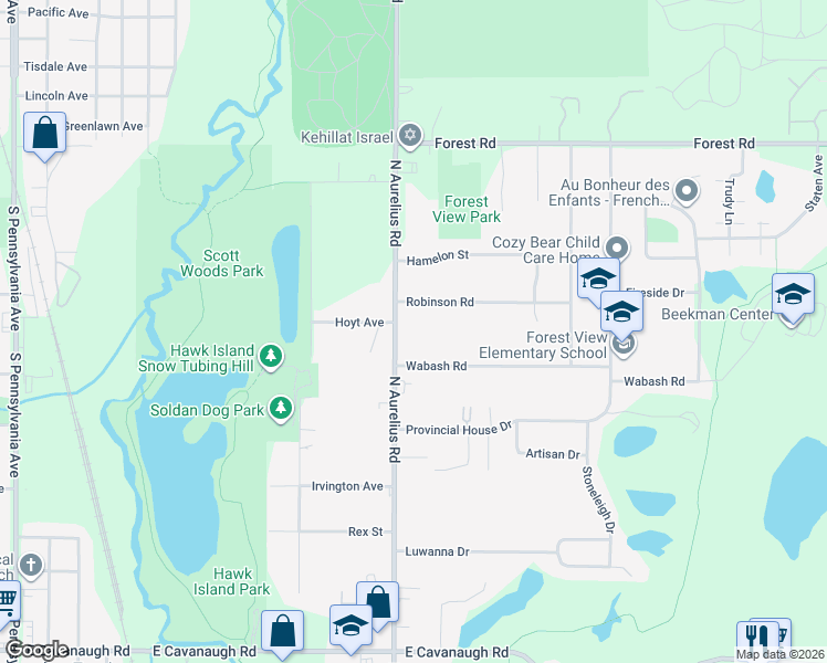 map of restaurants, bars, coffee shops, grocery stores, and more near 2031 Wabash Road in Lansing