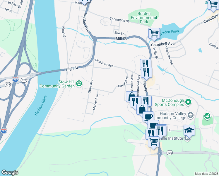 map of restaurants, bars, coffee shops, grocery stores, and more near 31 Cottage Street in Troy