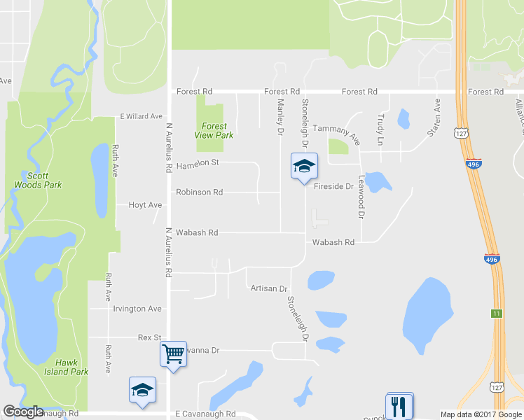 map of restaurants, bars, coffee shops, grocery stores, and more near 3121 Scarborough Rd in Lansing