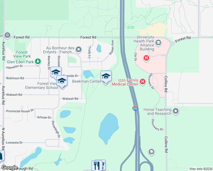 map of restaurants, bars, coffee shops, grocery stores, and more near 2901 Wabash Road in Lansing