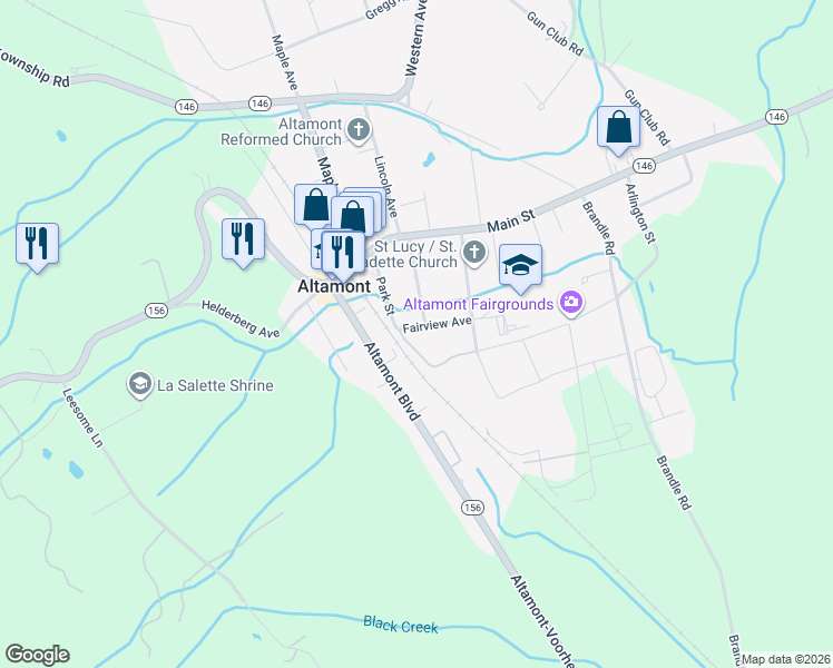 map of restaurants, bars, coffee shops, grocery stores, and more near 104 Fairview Avenue in Altamont