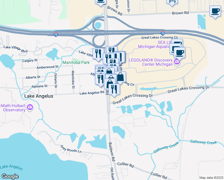 map of restaurants, bars, coffee shops, grocery stores, and more near 3920 Baldwin Road in Auburn Hills