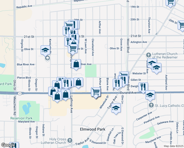 map of restaurants, bars, coffee shops, grocery stores, and more near 3631 Blue River Avenue in Racine