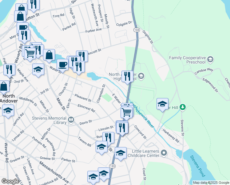 map of restaurants, bars, coffee shops, grocery stores, and more near 76 Water Street in North Andover