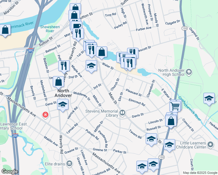 map of restaurants, bars, coffee shops, grocery stores, and more near 244 Main Street in North Andover