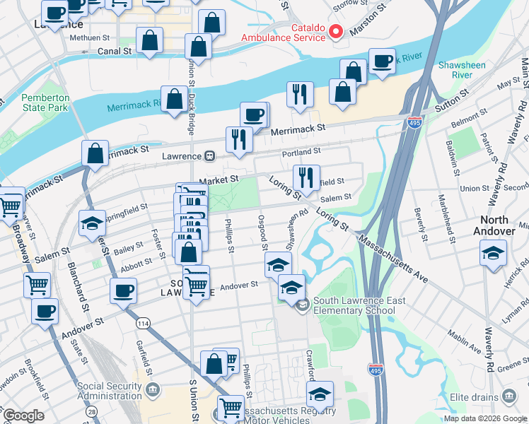 map of restaurants, bars, coffee shops, grocery stores, and more near 47 Osgood Street in Lawrence