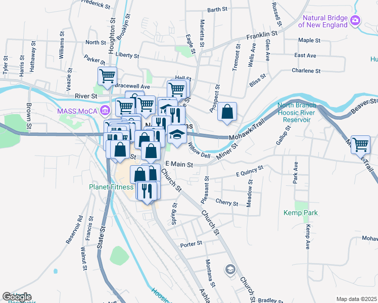 map of restaurants, bars, coffee shops, grocery stores, and more near 205 Main Street in North Adams