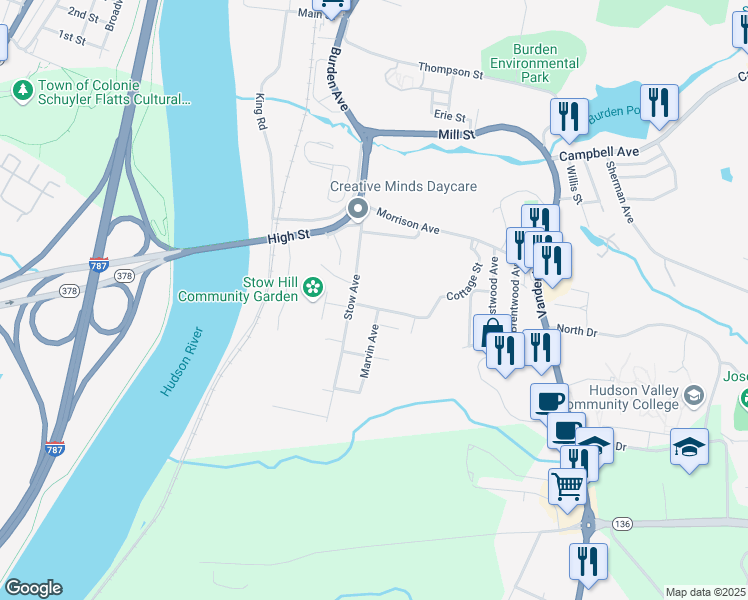 map of restaurants, bars, coffee shops, grocery stores, and more near 24 Cottage Street in Troy