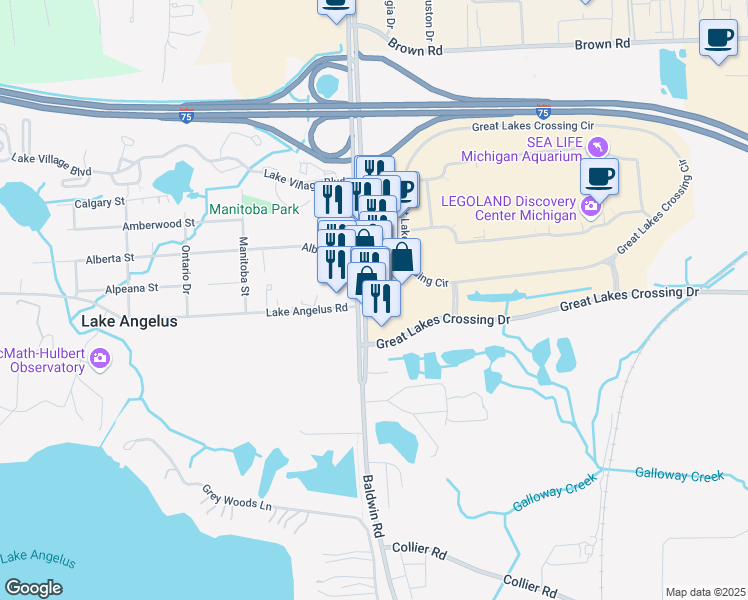 map of restaurants, bars, coffee shops, grocery stores, and more near 3920 Baldwin Road in Auburn Hills