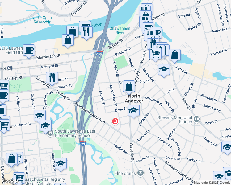 map of restaurants, bars, coffee shops, grocery stores, and more near 261 Middlesex Street in North Andover
