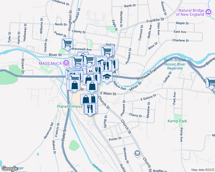 map of restaurants, bars, coffee shops, grocery stores, and more near 24 Church Street in North Adams