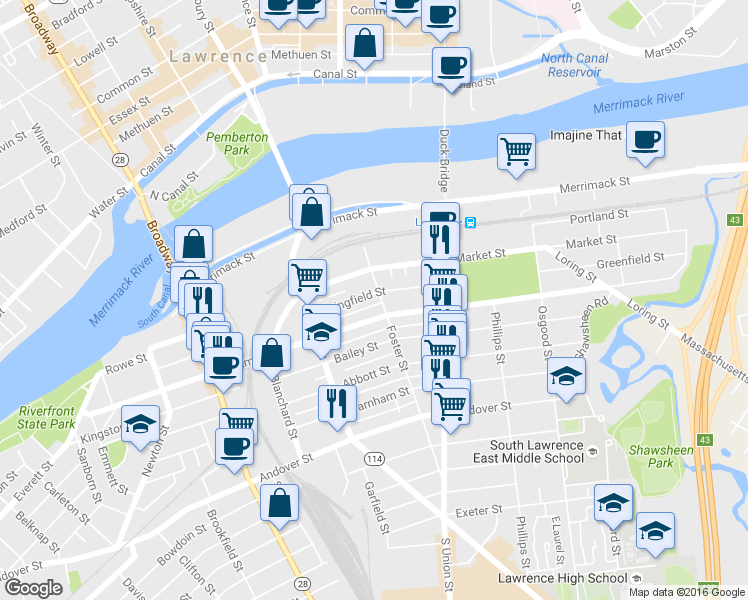 map of restaurants, bars, coffee shops, grocery stores, and more near 69 Springfield Street in Lawrence