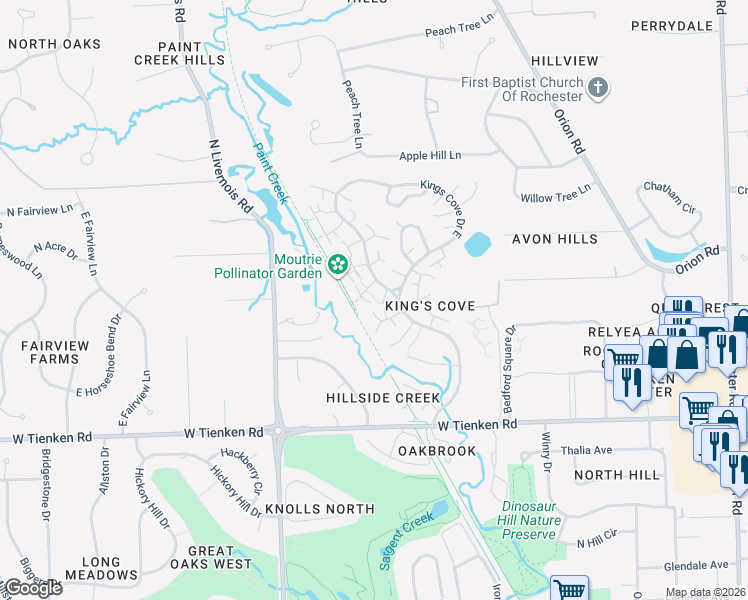 map of restaurants, bars, coffee shops, grocery stores, and more near 1267 Candlestick Lane in Rochester Hills