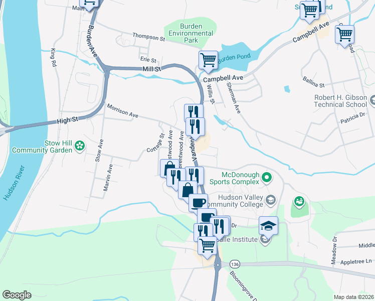 map of restaurants, bars, coffee shops, grocery stores, and more near 63 Vandenburgh Avenue in Troy