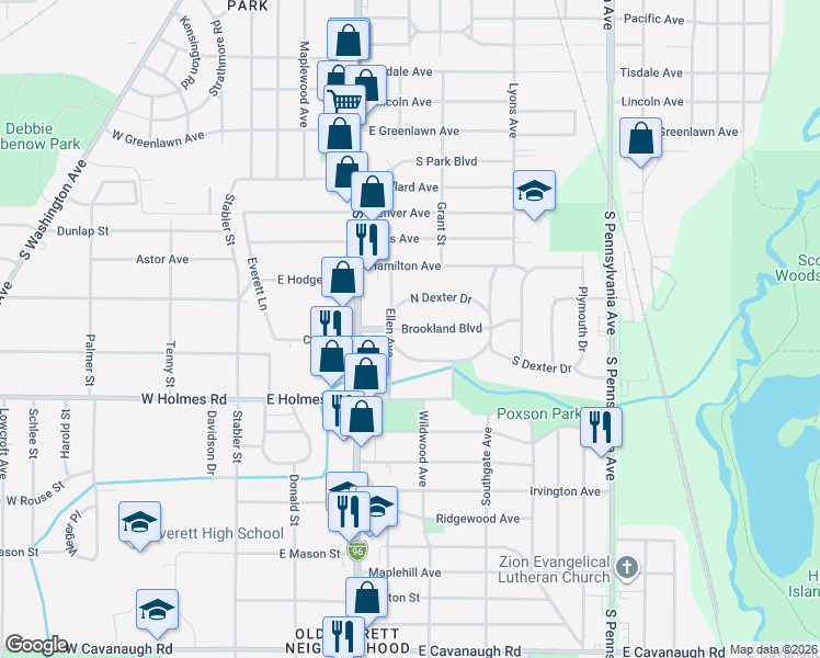 map of restaurants, bars, coffee shops, grocery stores, and more near 519 South Dexter Drive in Lansing