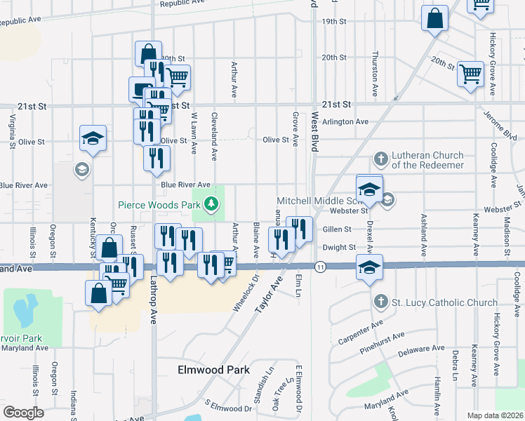 map of restaurants, bars, coffee shops, grocery stores, and more near 3314 Pierce Boulevard in Racine