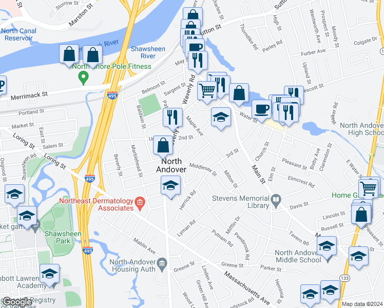 map of restaurants, bars, coffee shops, grocery stores, and more near 35 Stonington Street in North Andover