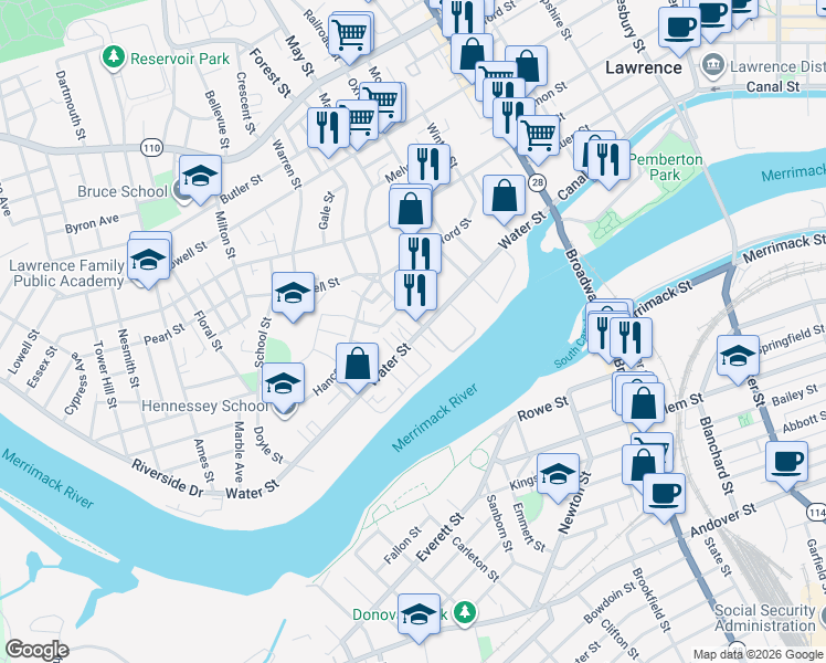 map of restaurants, bars, coffee shops, grocery stores, and more near 158 Water Street in Lawrence