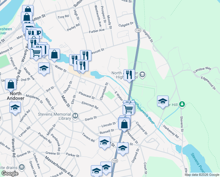 map of restaurants, bars, coffee shops, grocery stores, and more near 41 Clarendon Street in North Andover